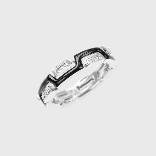 White gold band ring with white diamonds and black enamel